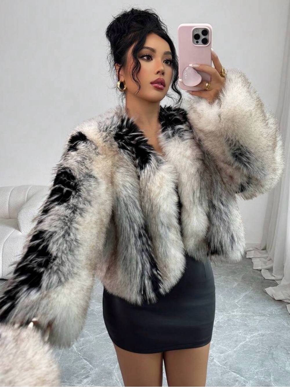 Faux Fur Cropped Jacket - Multi-Tone Ivory & Black